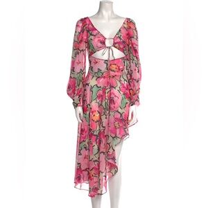 🆕For Love & Lemons Tiana Printed Flowy Ruffles Sheer Tie Front Midi Dress Sz XS
